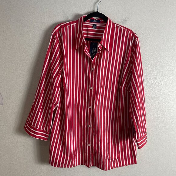NEW Chaps Womens Plus 2X Red White Striped Button Up Shirt 2X Roll Tab Sleeve - Picture 5 of 8